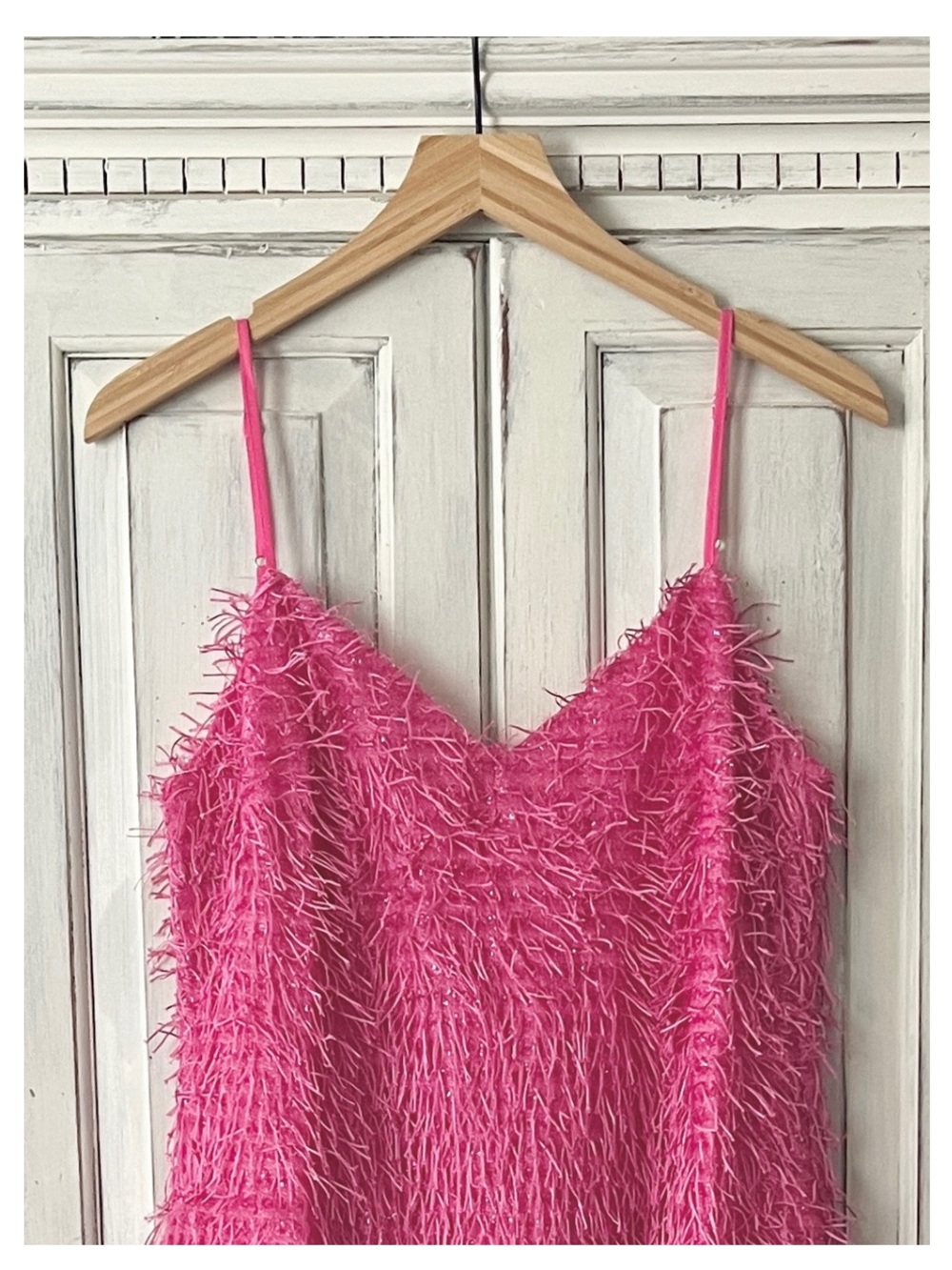 🟠NWT MAIN STRIP Feather-Textured Spaghetti Strap Mini Dress in Barbie Pink - Picture 2 of 7